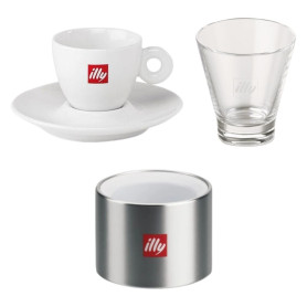 kit Illy 6 bicchierini e 6 tazzine in porcellana con porta bustine zucchero