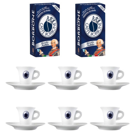  6 Tazzine Caffe' Borbone In Porcellana con piattino  e 500gr Borbone Macinato Miscela Nobile