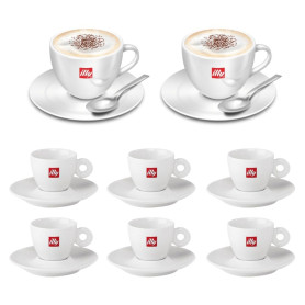 6 Tazzine Caffe'  Illy  In Porcellana e 2 tazze illy cappuccino con piattino