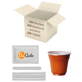 200 Bicchierini da caffe' 200 bustine di zucchero 200 palette incartate