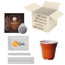 150 cialde Lollo Caffe' con 100 bicchierini 100 palette 100 bustine di zucchero