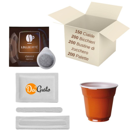 150 cialde Lollo Caffe' con 200 bicchierini 200 palette 200 bustine di zucchero