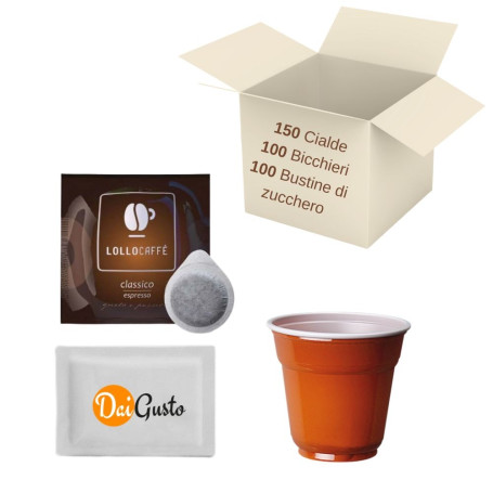 150 cialde Lollo Caffe' con 100 bicchierini 100 bustine di zucchero